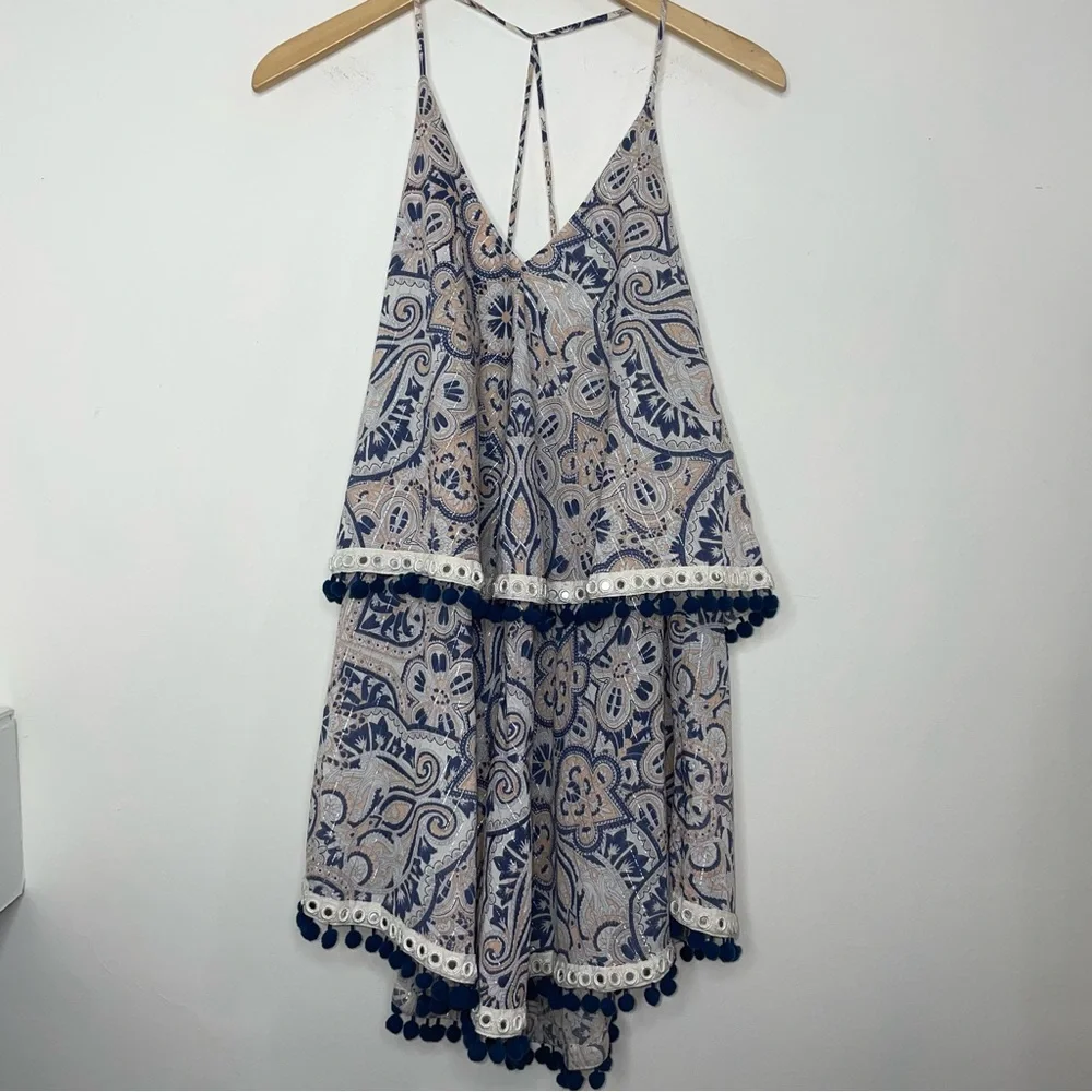 Tularosa Evolette Blue & White Paisley Pom-Pom Metallic Thread Mini Dress Size M - Picture 11 of 16